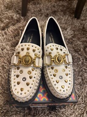 Kurt Geiger White Studded Leather Loafers with Gold Hardware
